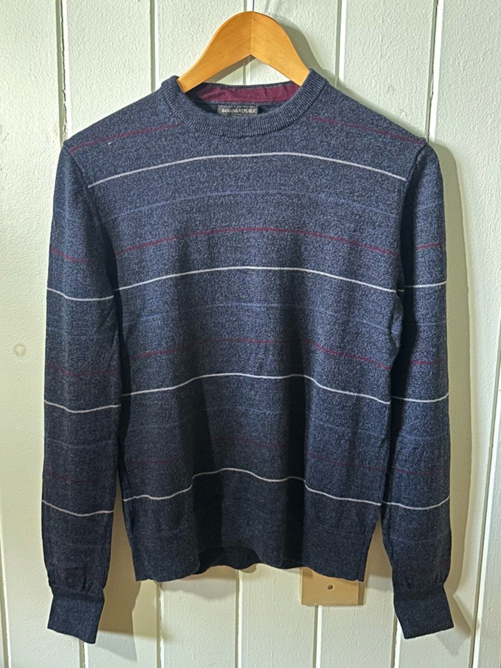 Banana Republic Factory 100% Merino Wool Navy Sweater with White & Red Stripes